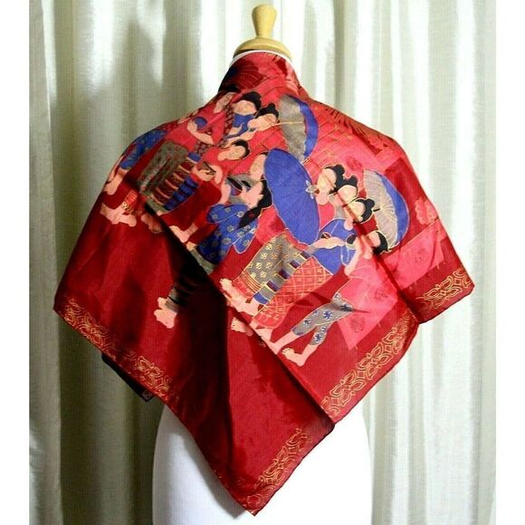 32"x33" RED HANDPAINTED ARTWORK 100%SILK HANDROLLED SCARF SHAWL WRAP - Picture 1 of 6